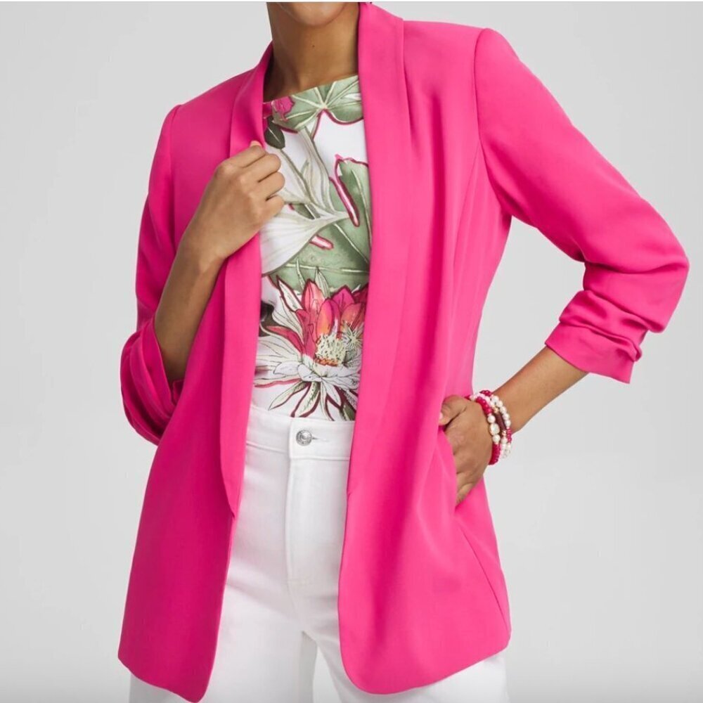 Chico’s Bromeliad Pink Ruched Sleeve Blazer Open Front 0.5 (6) Power Chic